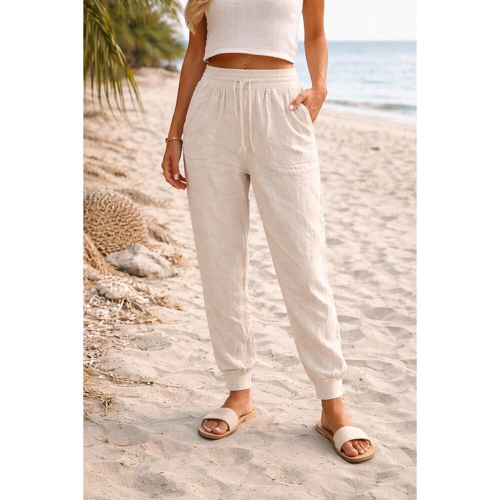 C&C California 100% Linen L Jogger Pants Beige Coastal Beach Summer Drawstring